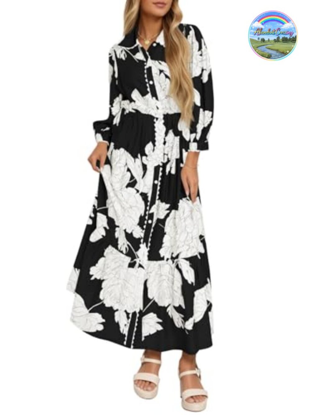 Womens Floral Maxi Shirt Dress Long Sleeve Button Down Boho